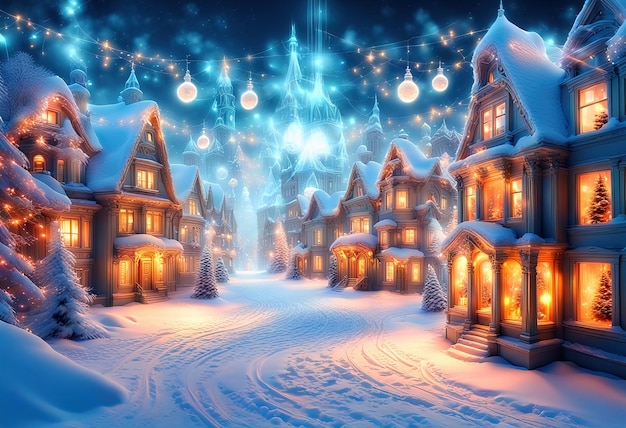 Snowy winter magical illuminated christmas decorated fantasy town