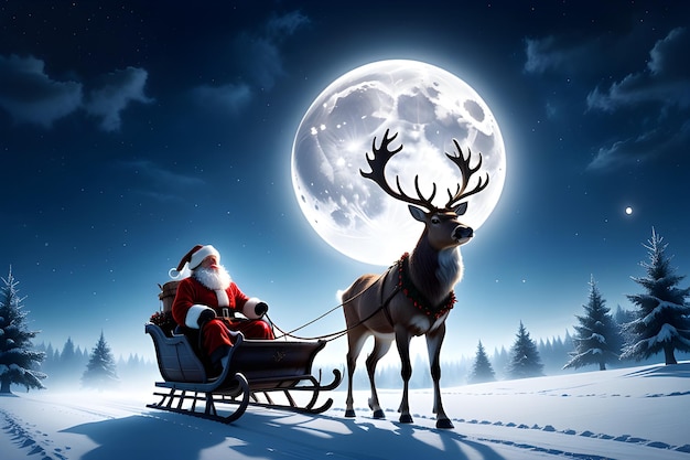 Snowy winter night with Christmas santa claus on sleigh illustration