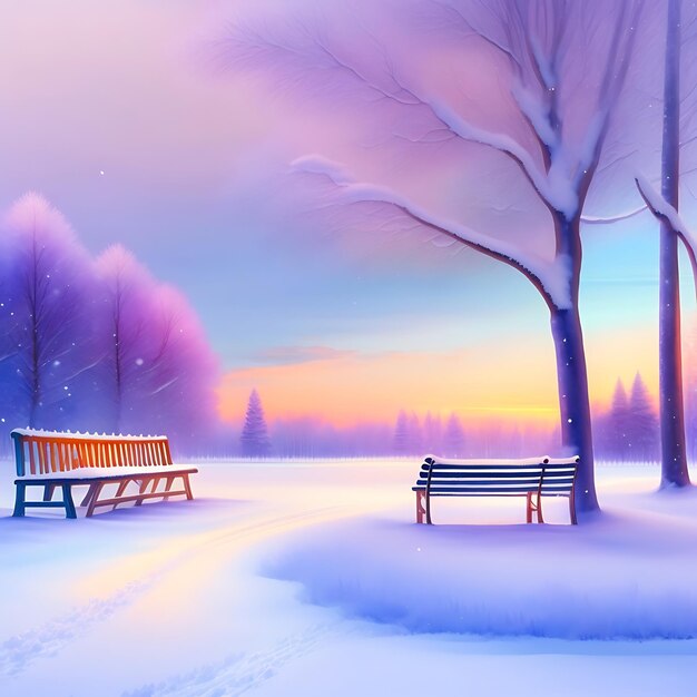 Snowy winter park with trees and benches in watercolor painting shoveled path