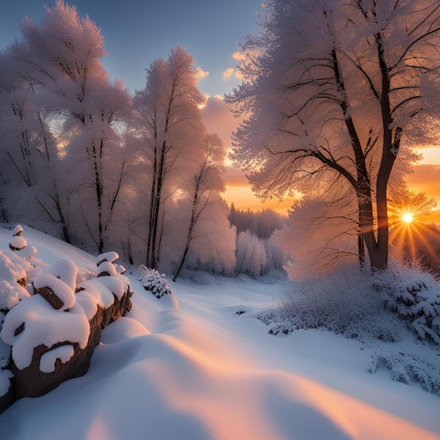 Snowy winter sunset landscape