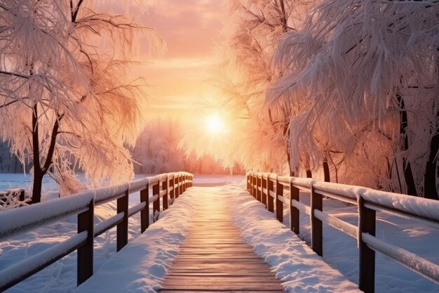 Photo snowy wooden bridge in a winter day generative ai