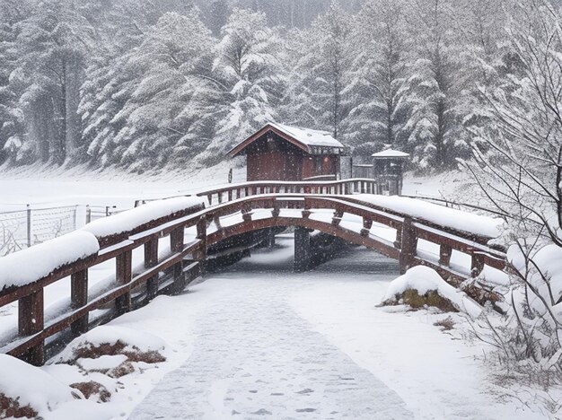 Photo snowy wooden bridge in a winter day stare juchy poland