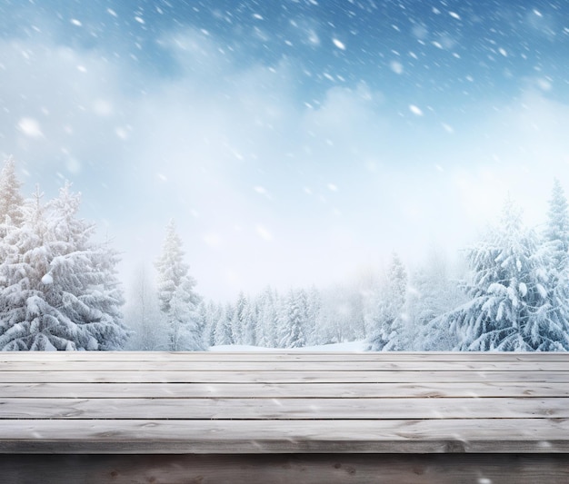 Snowy wooden desk on winter background with snowflakes