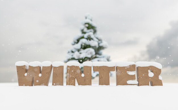 Photo snowy wooden sign with the word winter