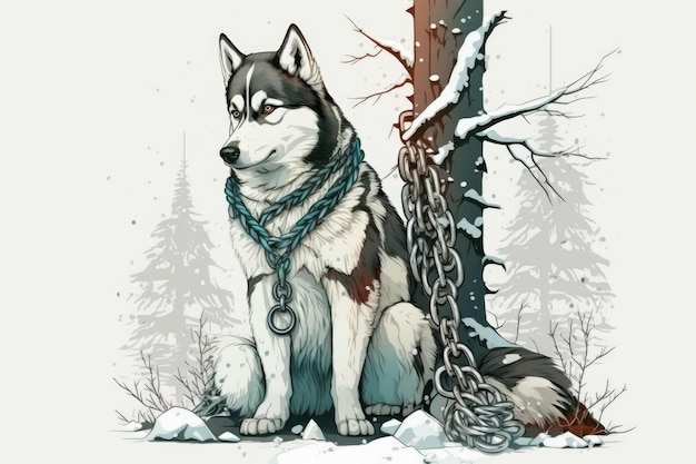 In a snowy woodland Husky holds a chain at the booth