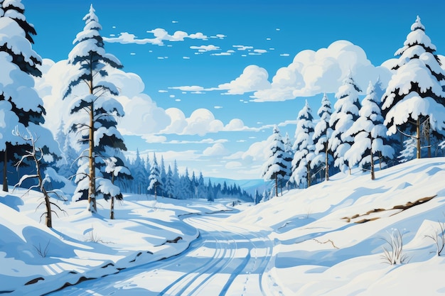 The snowy woodland is reached through a winter road The winter snow woodland path The road to the