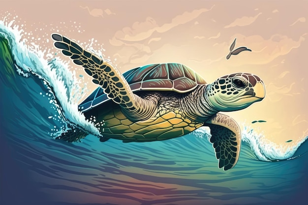 Photo snub nosed sea turtle soaring above the water