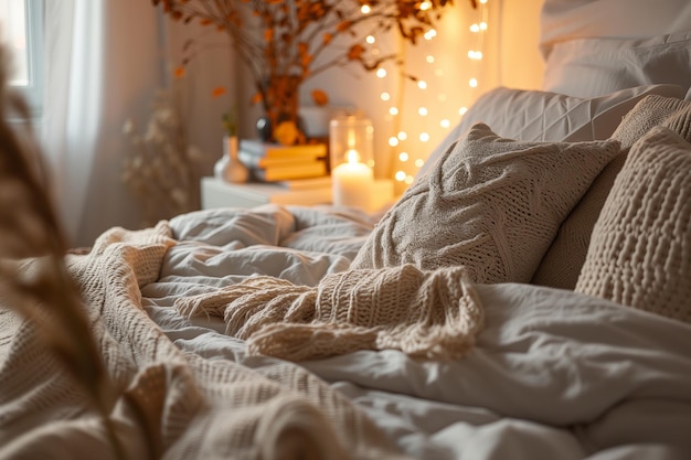 Фото Уютный и теплый декор спальни с текстурированным постельным бельем и мягким светом свечи
