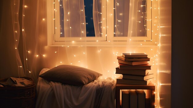 A snug bookfilled retreat with twinkling fairy lights ideal for embodying restfulness fantasy or hygge vibes