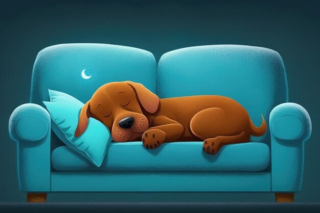 Snuggling up on the blue couch cushions is an adorable brown puppy