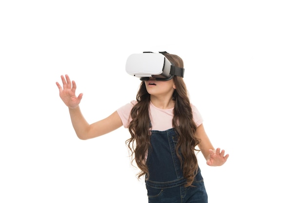 So real virtual reality technology Virtual reality is exciting Girl little kid wear vr glasses isolated on white Virtual education concept Modern life Interaction in virtual space Cyber gaming