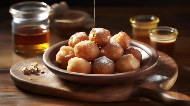 soaked dough balls sprinkled with cinnamon and served with a scoop of vanilla