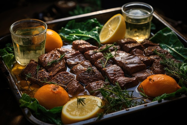 Soaked kelp and beef in a tray