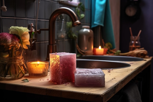 Soap bar next to a sink with running water