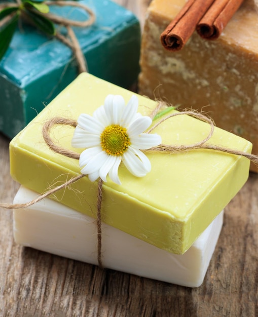 Soap bars chamomile closeup view Natural herbal beauty products