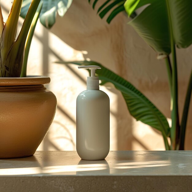 Soap bottle sitting on the table next to a plant