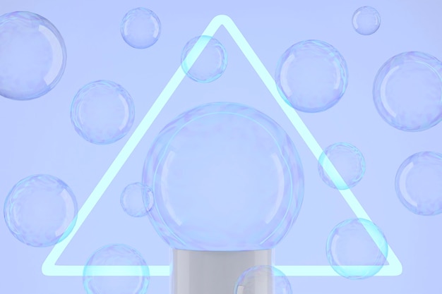 Soap bubble on pedestal with triangle neon lighting Copy space