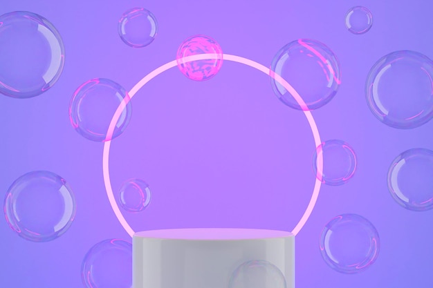 Soap bubbles around pedestal with neon circle Copy space 3d rendering