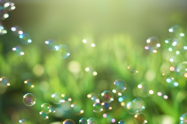 Photo soap bubbles in a blur in summer on a green background