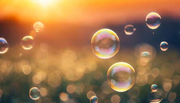 Мыльные пузырьки, плавающие в воздухе. Закат на фоне.