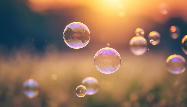 Soap bubbles floating in the air Blurred sunset on background