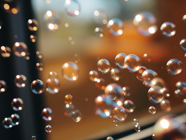 Soap bubbles floating in a window AI generative