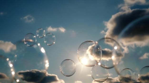 Soap bubbles in the sky with the sun behind them