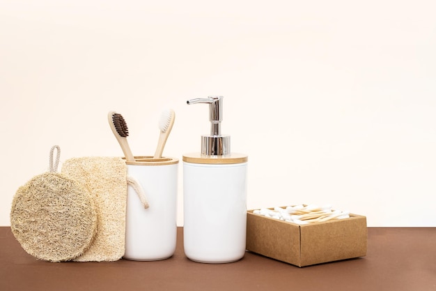 Soap dispenser and bamboo toothbrushes zero waste bathroom concept Eco friendly daily body care products