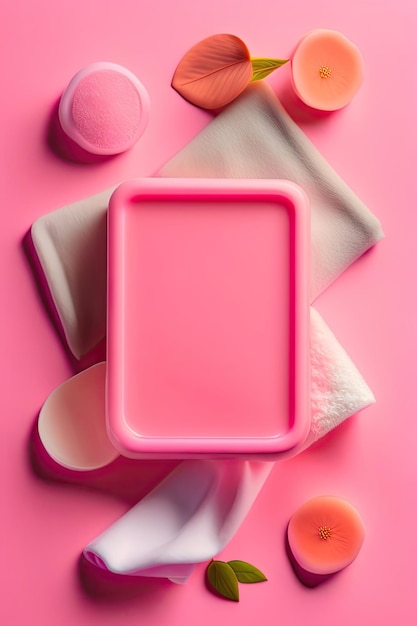 Soap rose rose petals and towel on pink background Concept of natural spa cosmetics