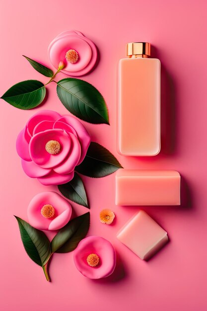 Soap rose rose petals and towel on pink background concept of natural spa cosmetics