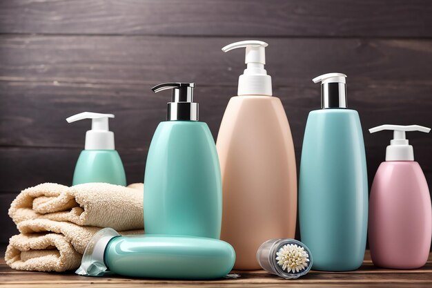 Photo soap and shampoo bottles different cosmetic bottles on wooden background