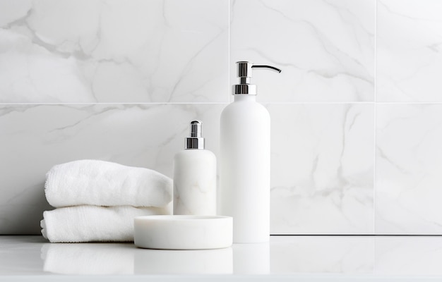 Soap shampoo bottles on white marble sink shelf in light bathroom