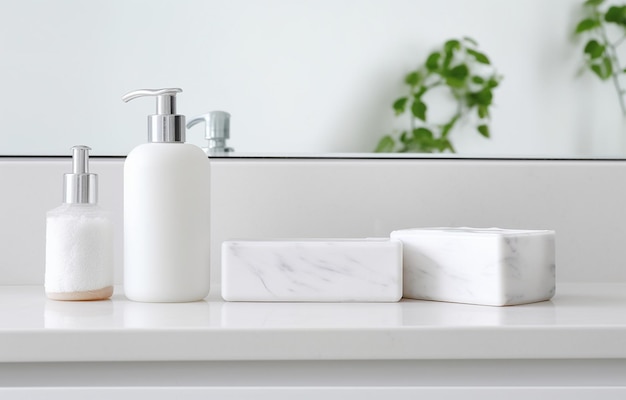Soap shampoo bottles on white marble sink shelf in light bathroom
