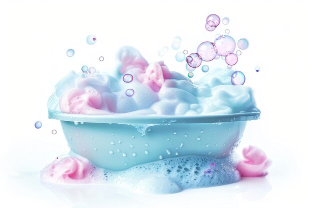 Мыльные капли и пузырьки в ванне, изолированные на белом