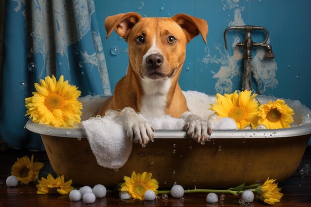 Foto cane saponato in vasca con anatre di gomma