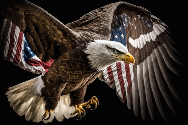 A soaring American eagle in front of the American flag