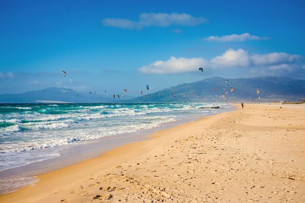 Soaring kite surfers and beach with atlantic ocean and golden sand on background of mountains spain tarifa