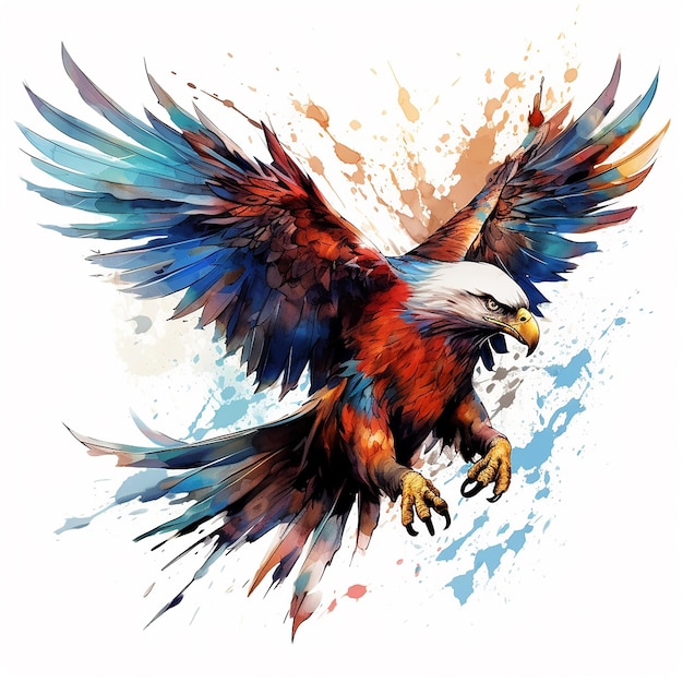 Soaring Majesty Tattoo Design of Watercolor Eagle on Flat White Background