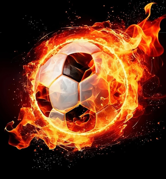 Foto una palla da calcio in fiamme su sfondo nero