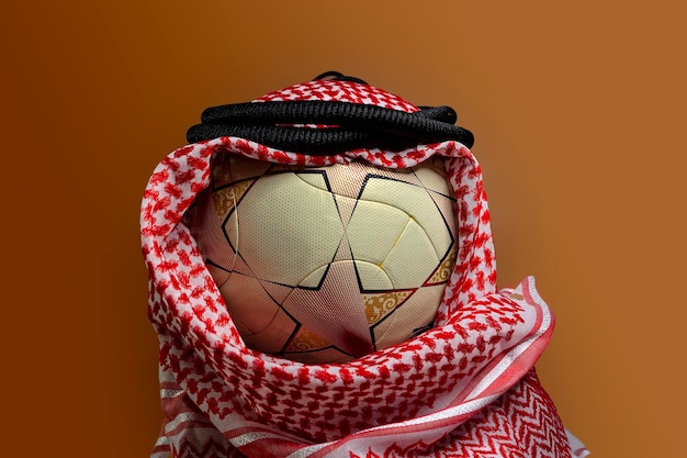 Soccer ball and Arabic traditional men's headdress Gutra. World Cup in Qatar.