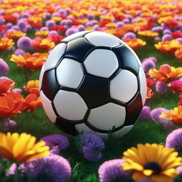 A soccer ball on a background of flowers