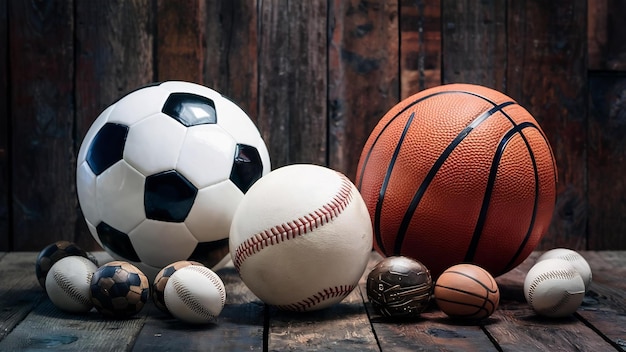 Foto palla da calcio, baseball, rugby e basket su tavolo di legno