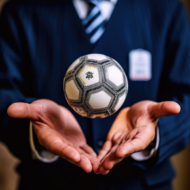 футбольный мяч держится в руках игрока