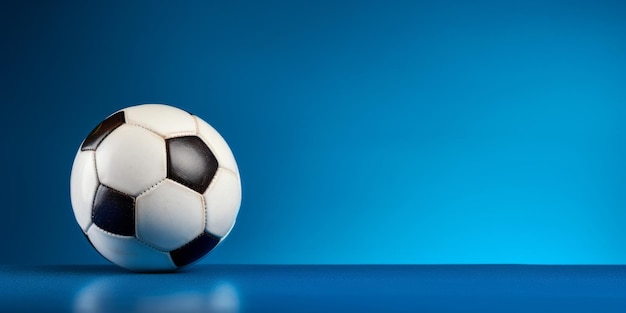 Soccer ball on blue background Copy space photo