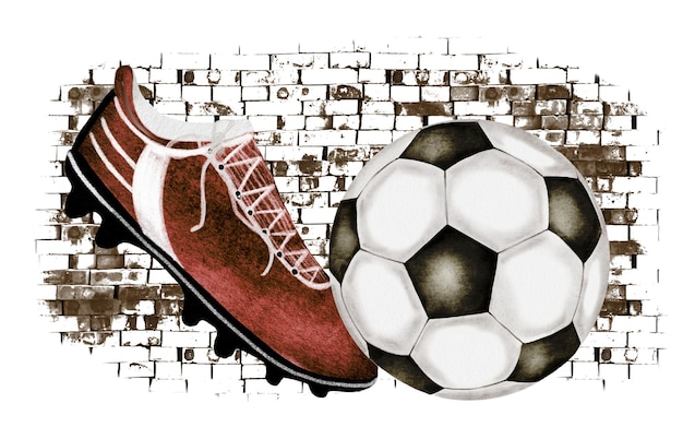 サッカーボールとブーツ アクアカラーイラスト 白い背景のスポーツ用品を手で描いたクリップ