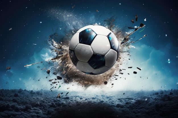 Футбольный мяч пробивает землю дымом на земле