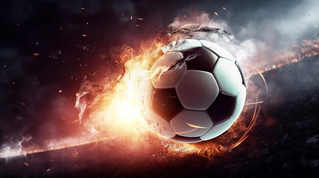 Soccer ball burning in flames of fire Football match and goal concept AI generated illustration