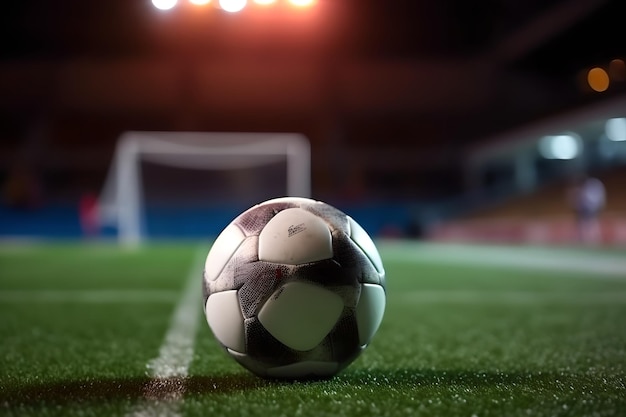 スタジアムの中央にあるサッカーボールがヘッドライトに照らされている 中盤で試合の準備ができている サッカー場の夕方の光