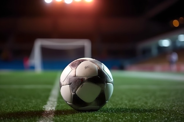 A soccer ball in the center of the stadium illuminated by the headlights Ready for Game in the Midfield Evening Light on the Soccer Field