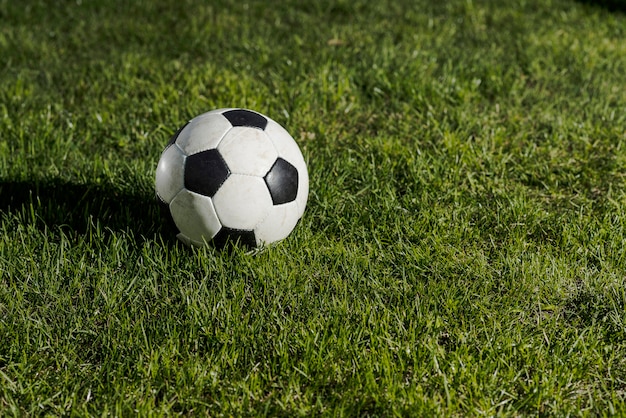 Foto pallone da calcio su erba scura